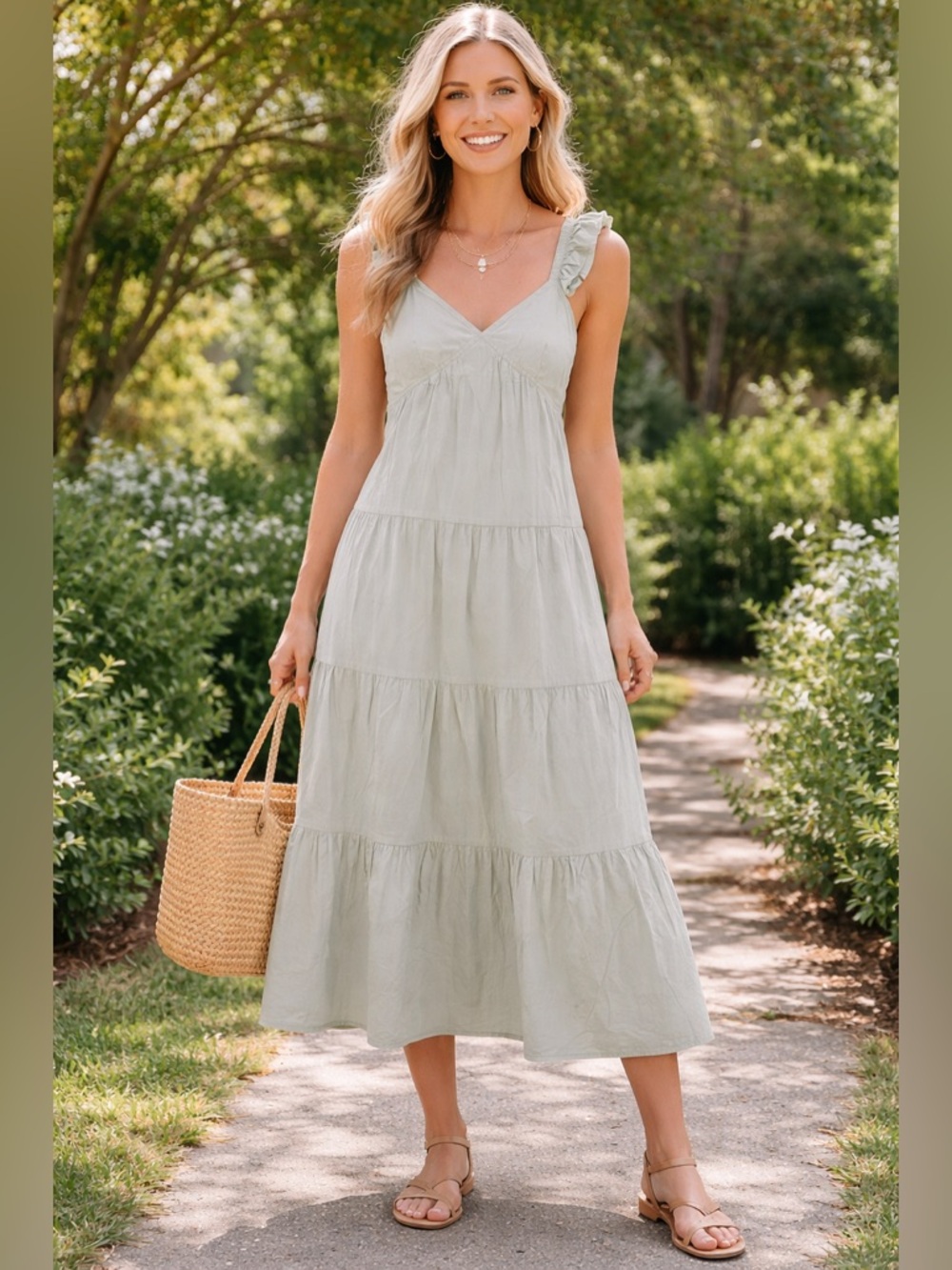 Tiered Midi Dress Large Sage Green Ruffle Strap Cotton Boho Neutral